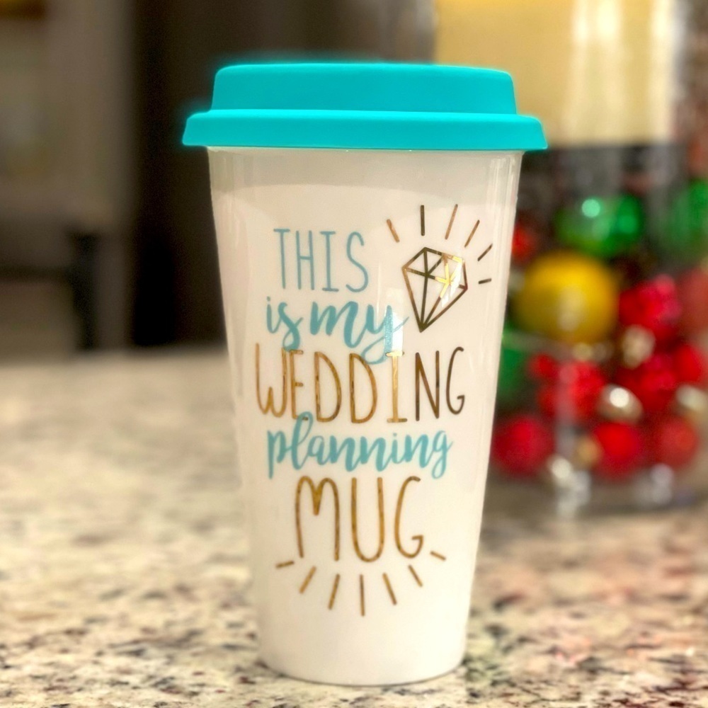 CHARMING Charlie “Wedding Planning Mug” Porcelain Travel Mug & Lid